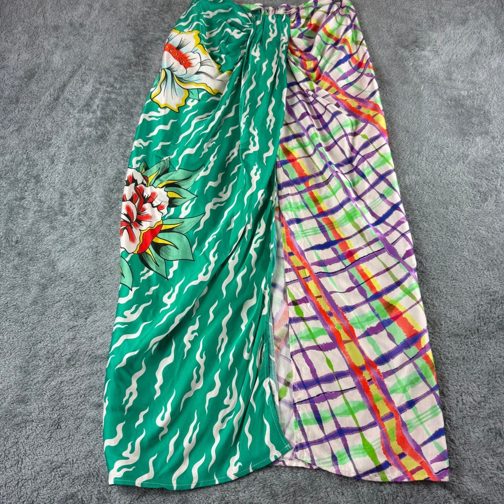 Me369 Luna Artisan Tie Front Skirt Green Floral Plaid Midi Size XS Viscose